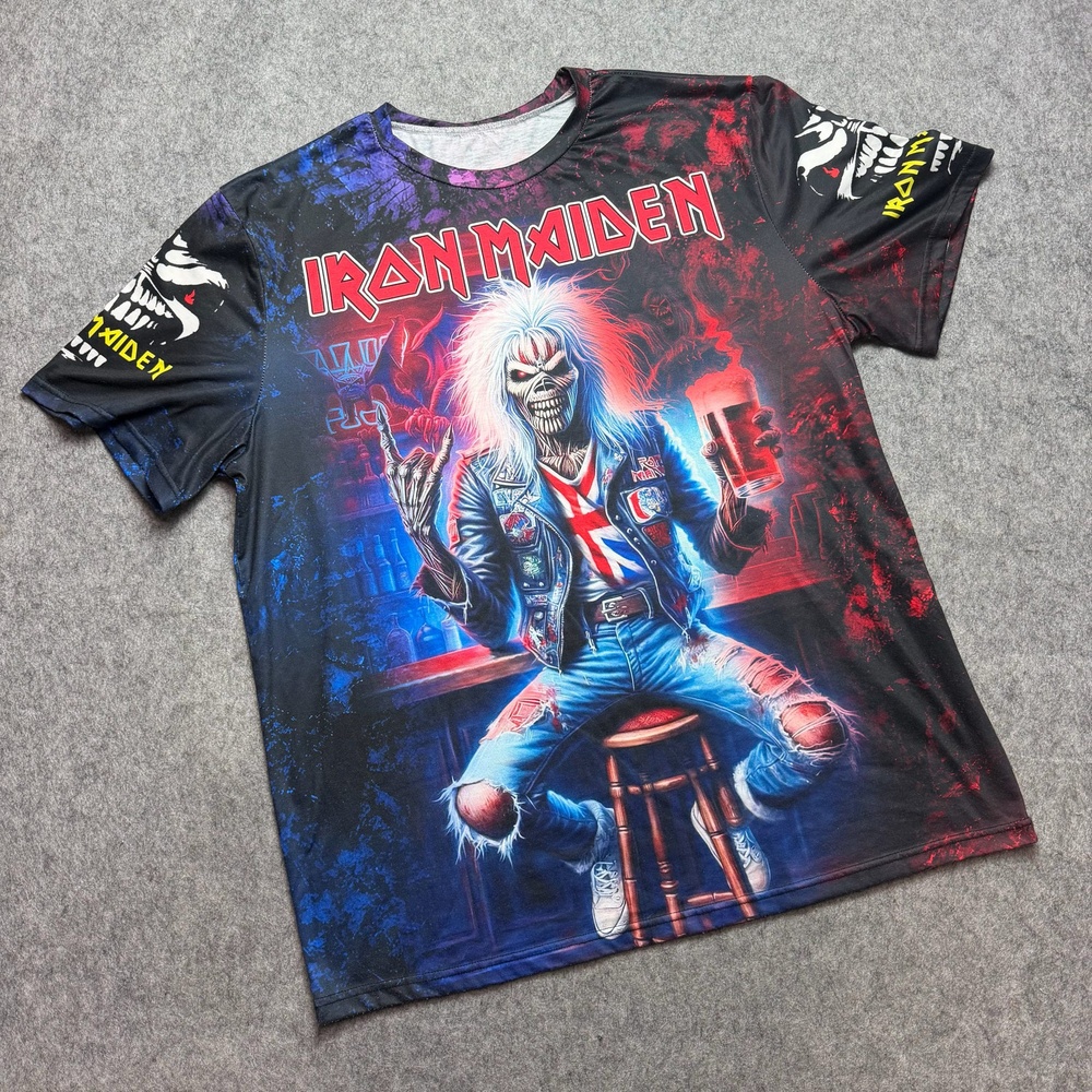 Iron Maiden Shirt Mens 2XL Multicolor Eddie Run For Your Lives Tour Band AOP Tee